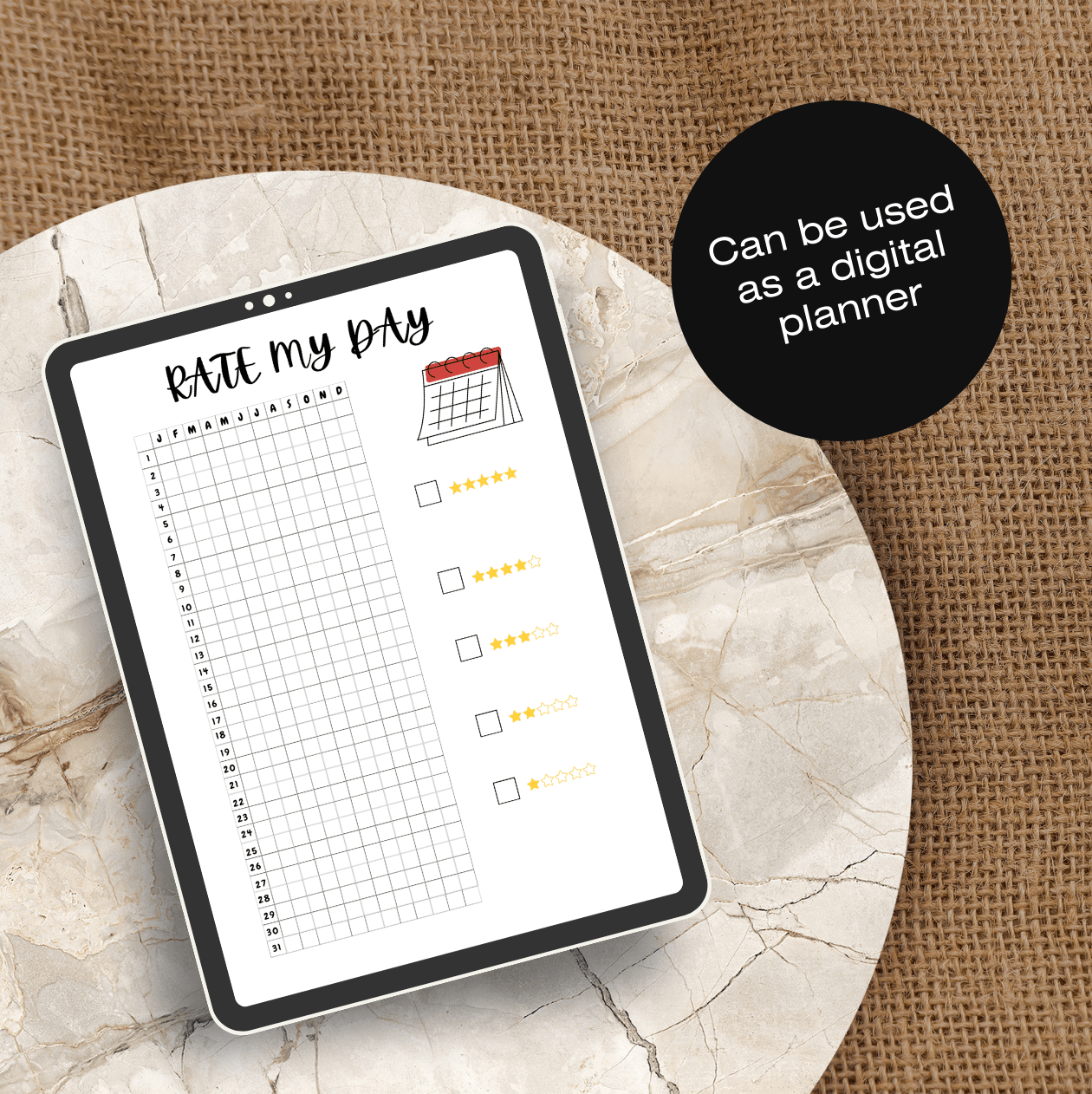 Digital rate my day tracker template displayed on a tablet,Ideal for day rating logging and digital planning. scribbly bits